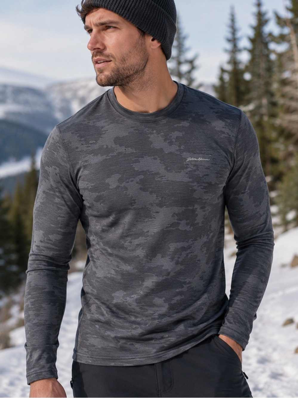 Eddie Bauer Performance Heavyweight Baselayer Crew Gray Camo Size Small NEW